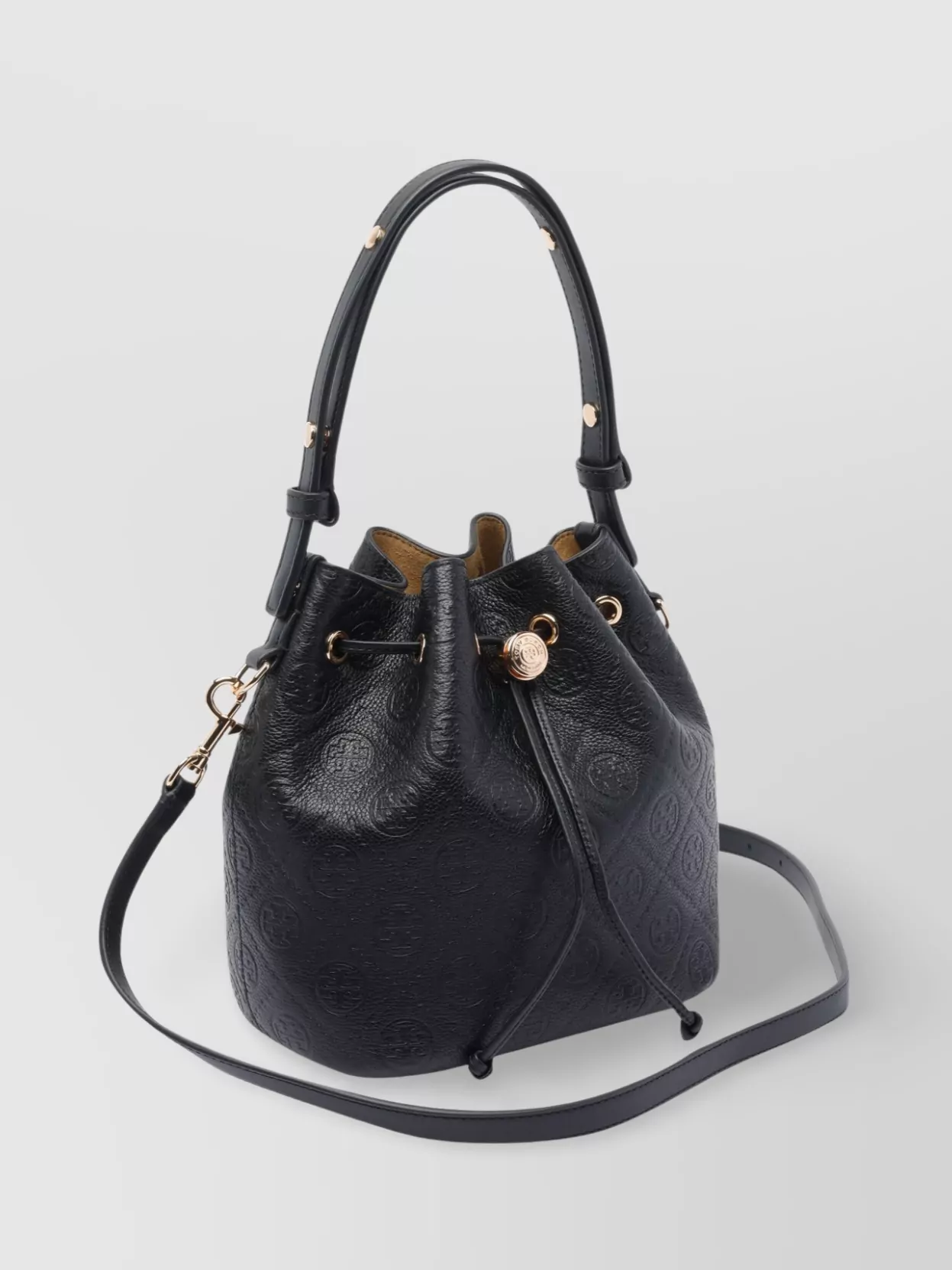 Tory Burch Monogram Pebble Bucket Bag In Black