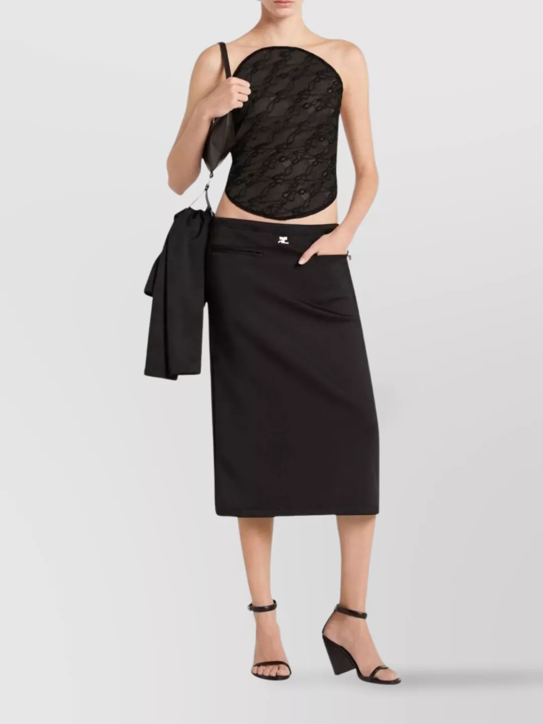 Courrèges High Waist Midi Skirt With Zip Pockets In Black
