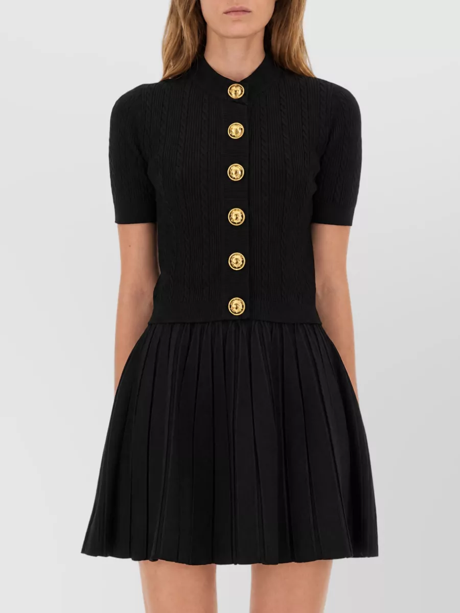 Balmain Knitted Cardigan Fitted Bodice Pleated Skirt
