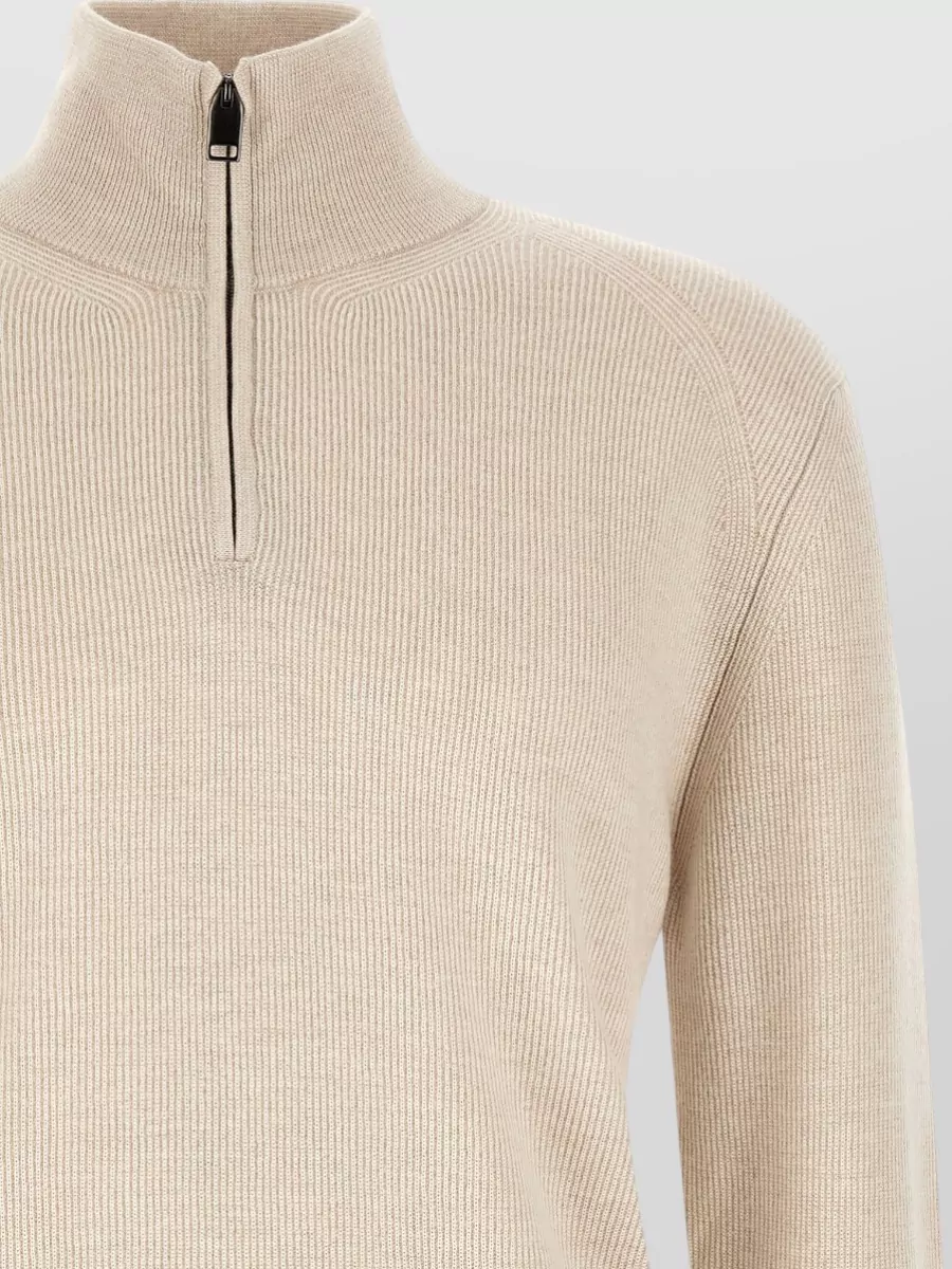 Brioni Cashmere Wool Ribbed High Neck Half Zip Sweater