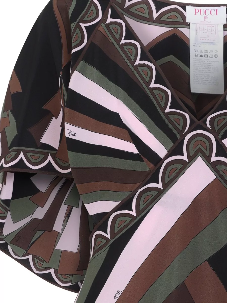 Pucci Silk Printed V-Neck Flutter-Sleeve Asymmetric Midi Dress