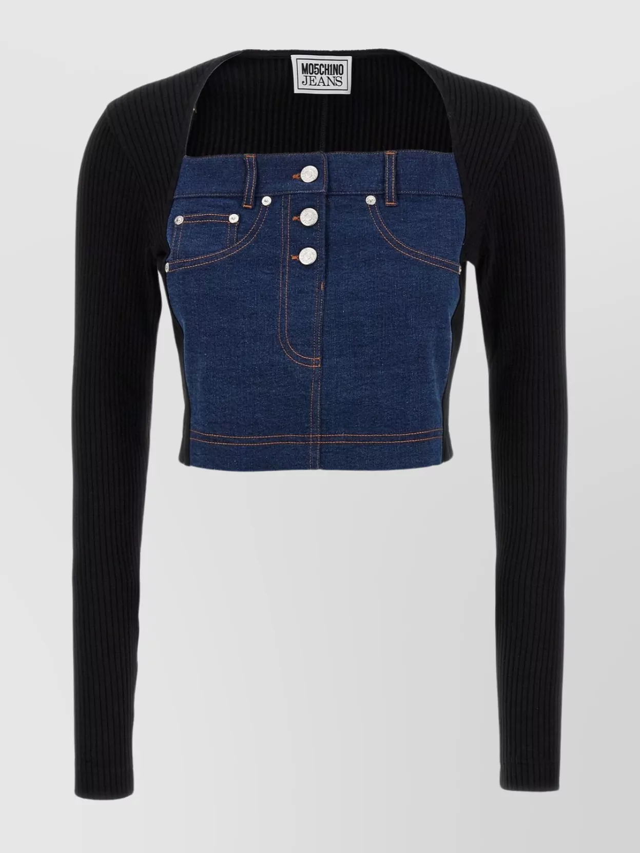 Shop Moschino Denim And Ribbed Knit Top