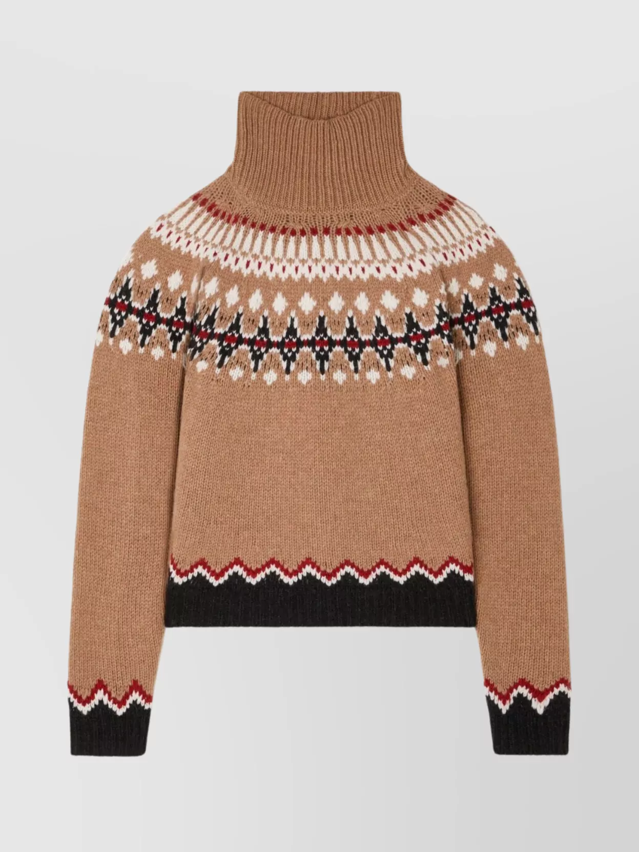 Alanui Patterned Camel Turtleneck Sweater With Geometric And Floral Motifs