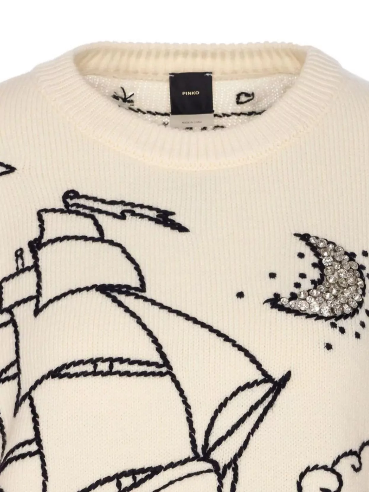 Pinko Embroidered Crew Neck Knitwear With Crystal Embellishments