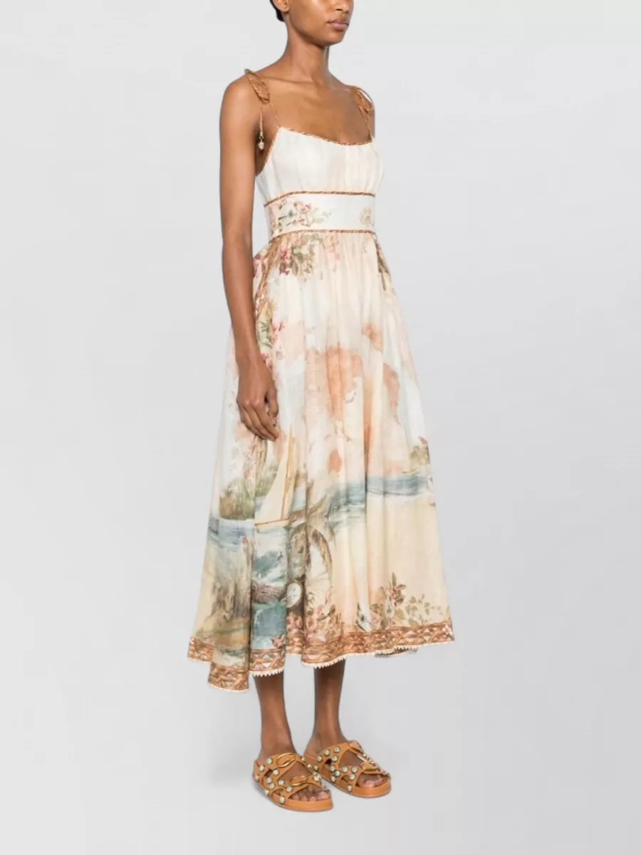 Zimmermann Linen Map-Print Tie-Strap Midi Dress