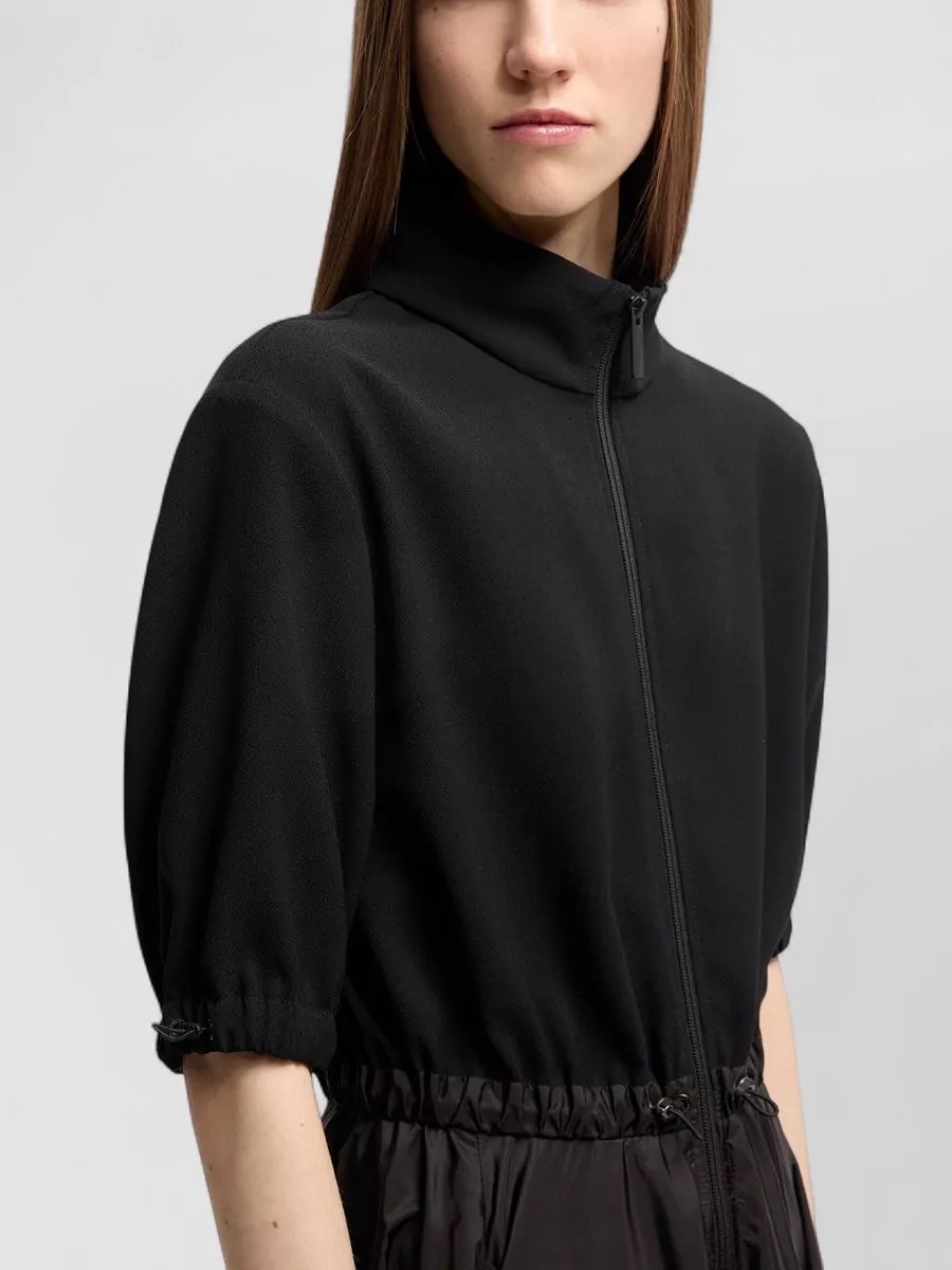 Moncler Satin Stand Collar Short-Sleeve Midi Dress