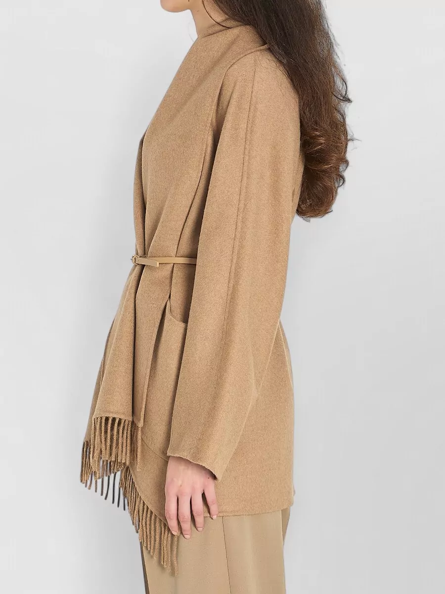 Max Mara Camel Wrap Belted Fringe Cape
