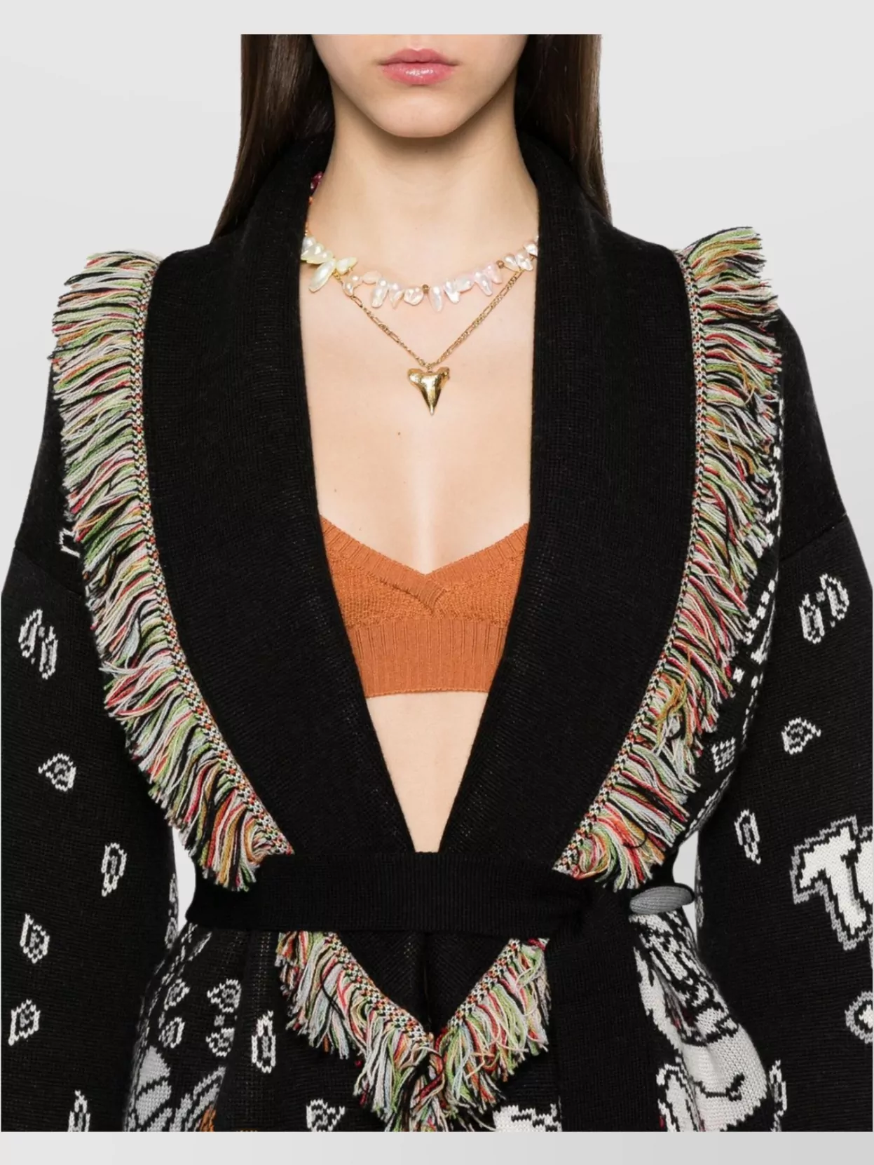 Alanui Fringed Belted Double Jacquard Cardigan In Black