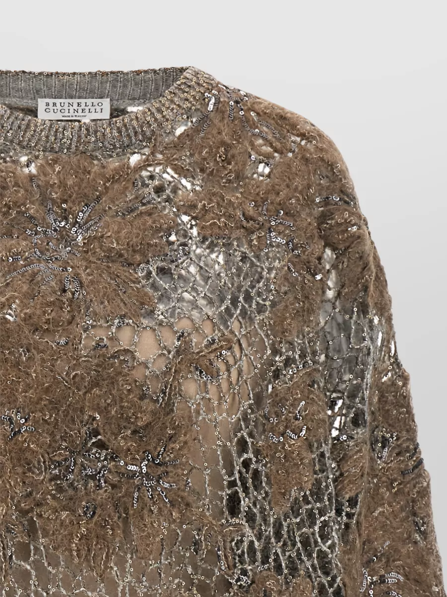 Brunello Cucinelli Ribbed Floral-Embroidered Open-Mesh Sweater