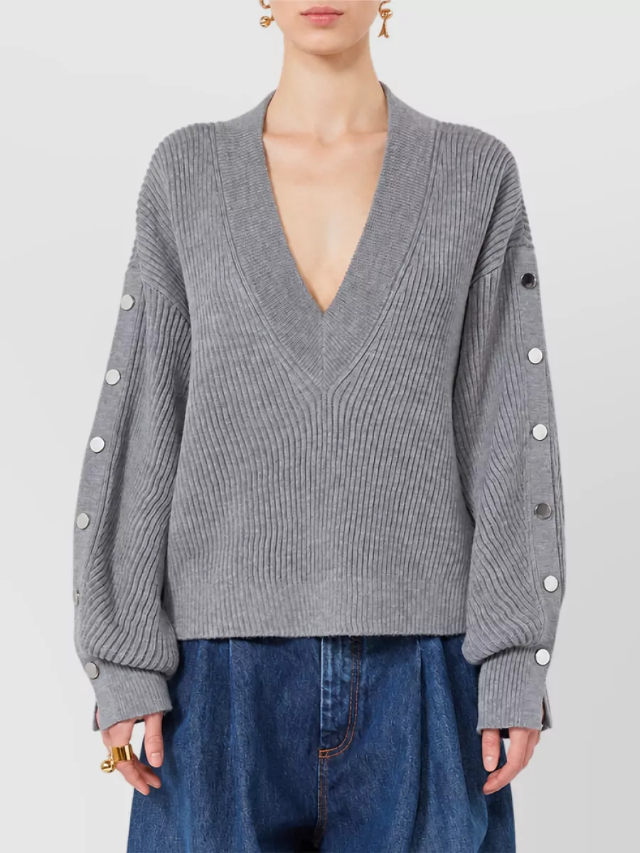 Sportmax Virgin Wool Ribbed Oversized V-Neck Long-Sleeve Sweater