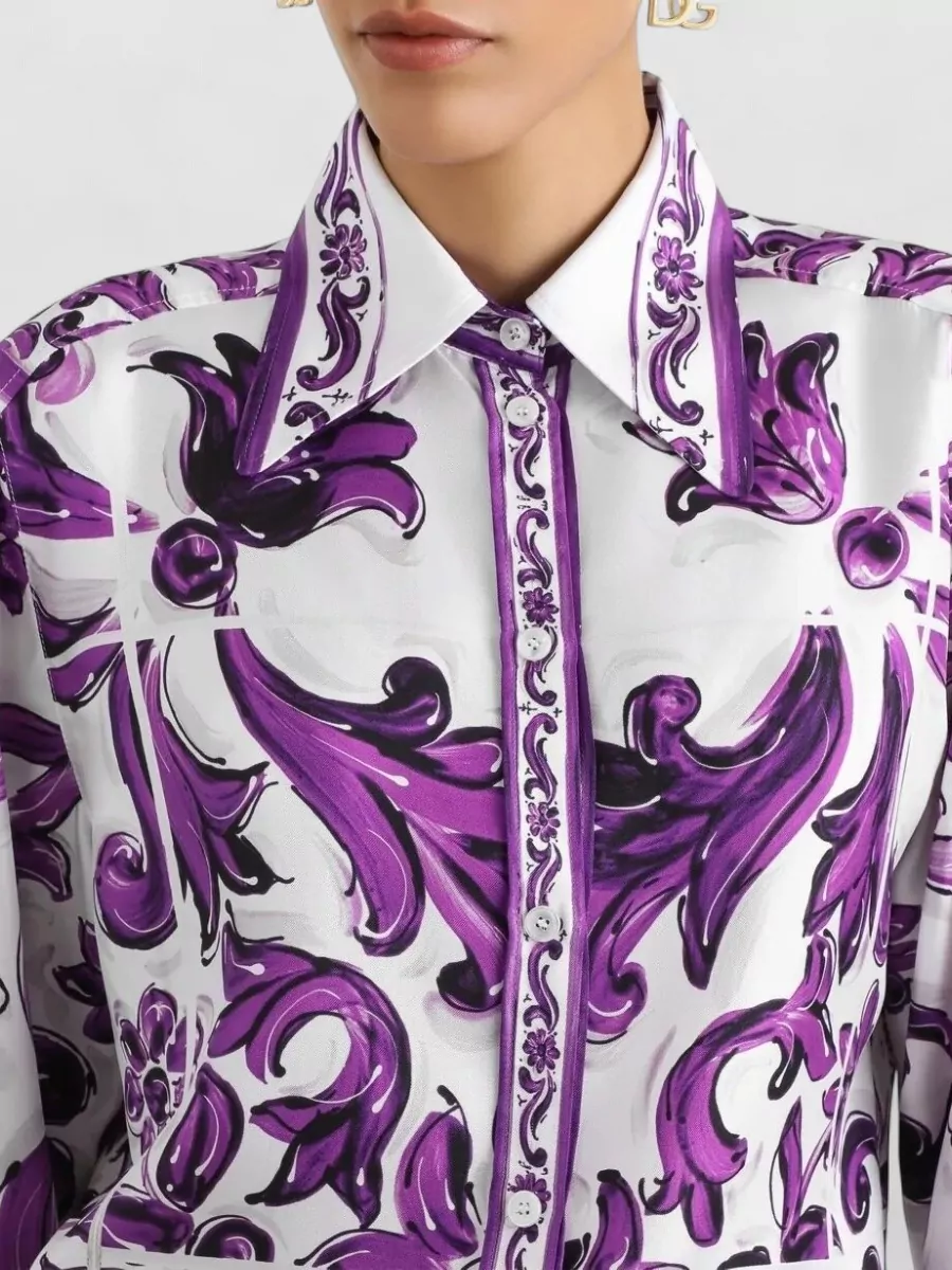 Dolce & Gabbana Silk Shirt Maiolica Print Floral Pattern In Purple