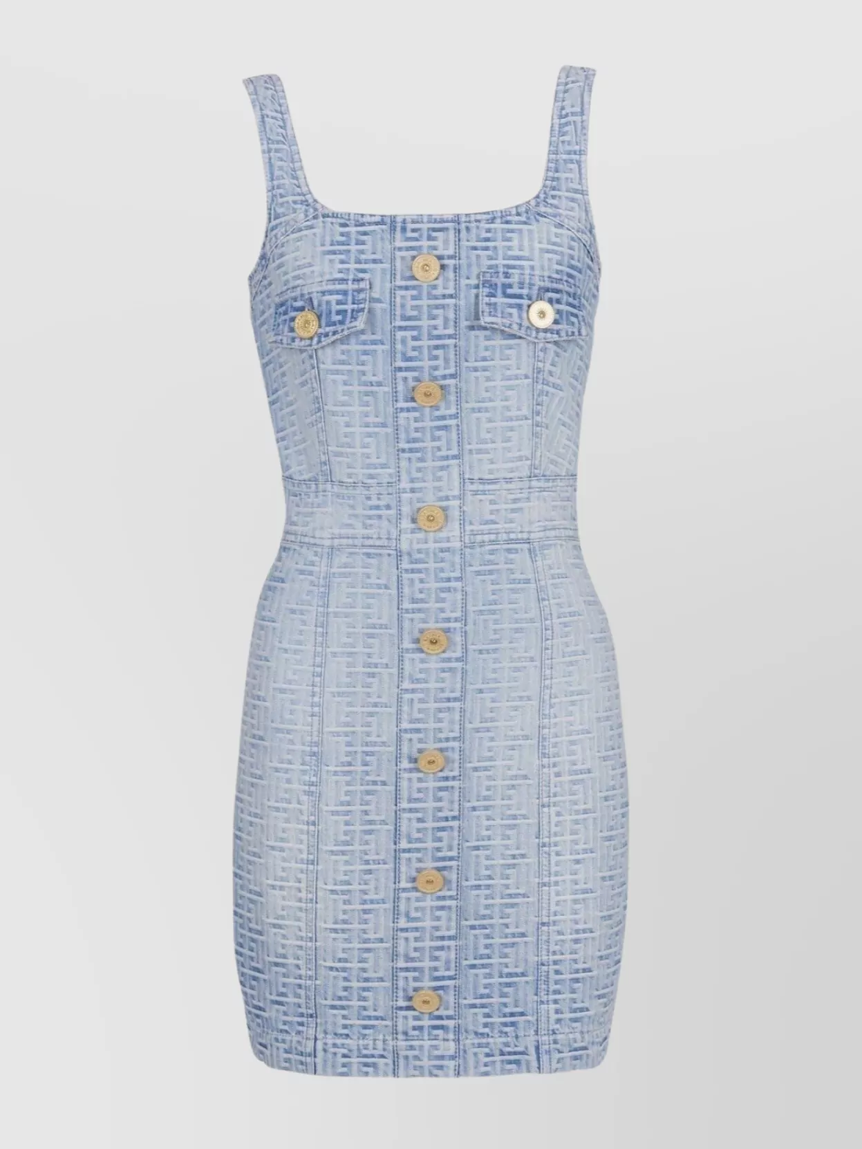 Shop Balmain Monogram Square Neck Dress With Button Detail In Blue