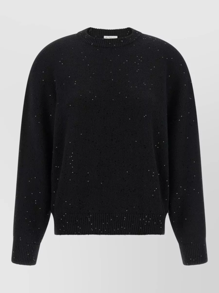Brunello Cucinelli cashmere silk sequin appliqué crew neck long-sleeve sweater
