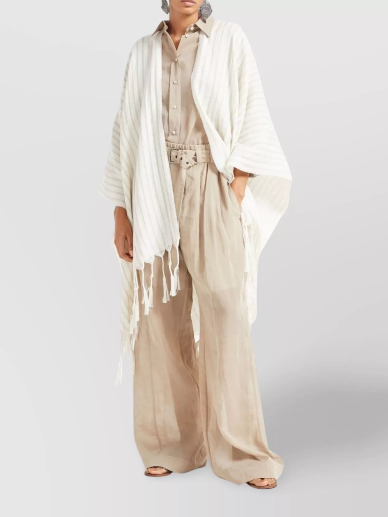Brunello Cucinelli Draped Fringe Lightweight Striped Tassel Sleeves