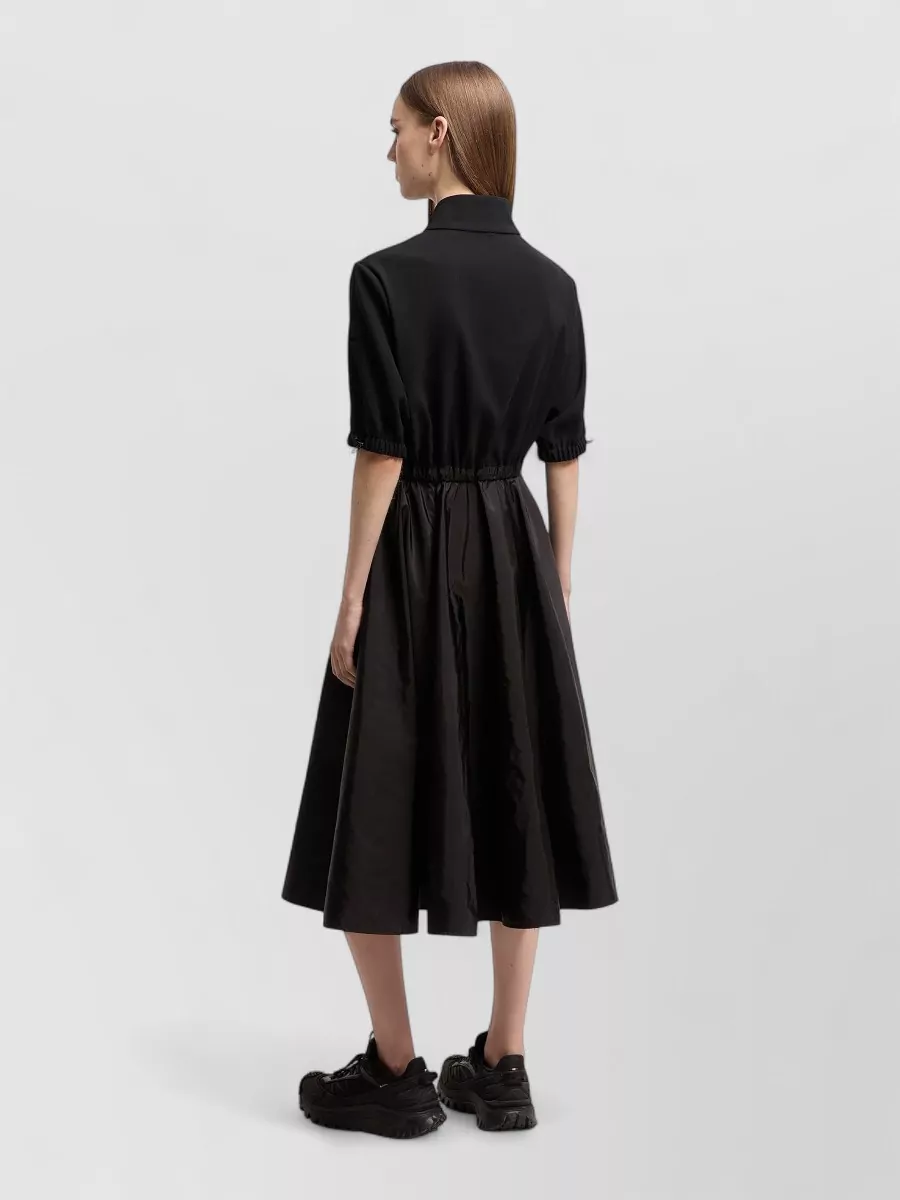 Moncler Satin Stand Collar Short-Sleeve Midi Dress