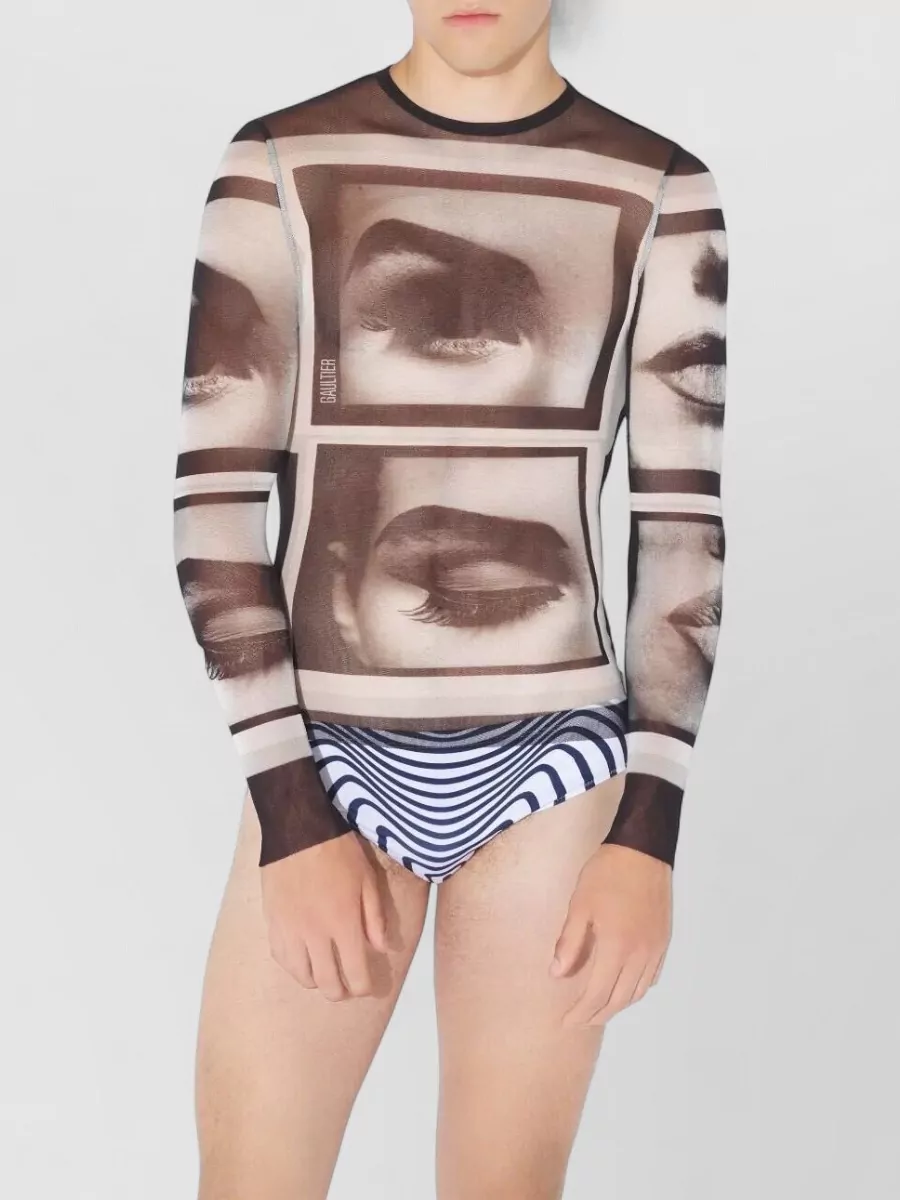 Jean Paul Gaultier Mesh Longsleeve Top Eyes And Lips