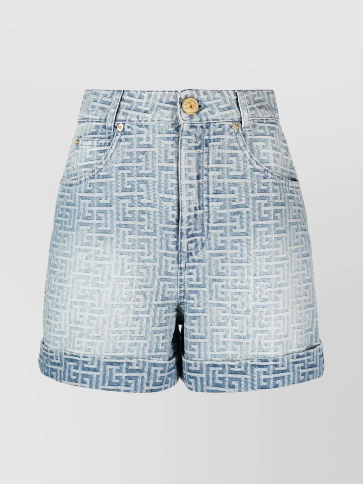 Shop Balmain Denim Wide Leg Shorts With All-over Pattern In Blue