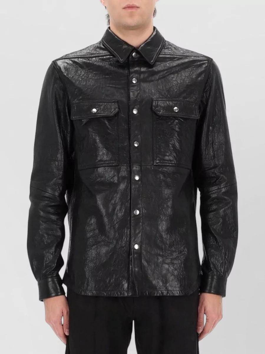 Rick Owens Leather Jacket Collared Neck Chest Pockets