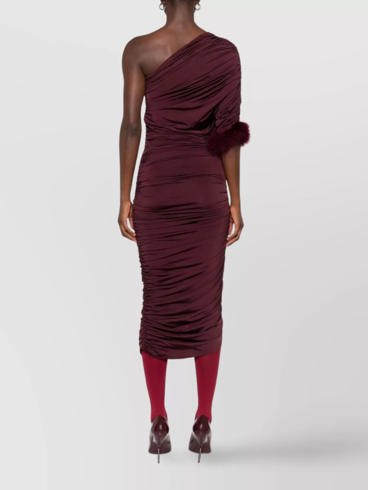 Mugler One Shoulder Feather Trim Ruched Midi Dress In Brown
