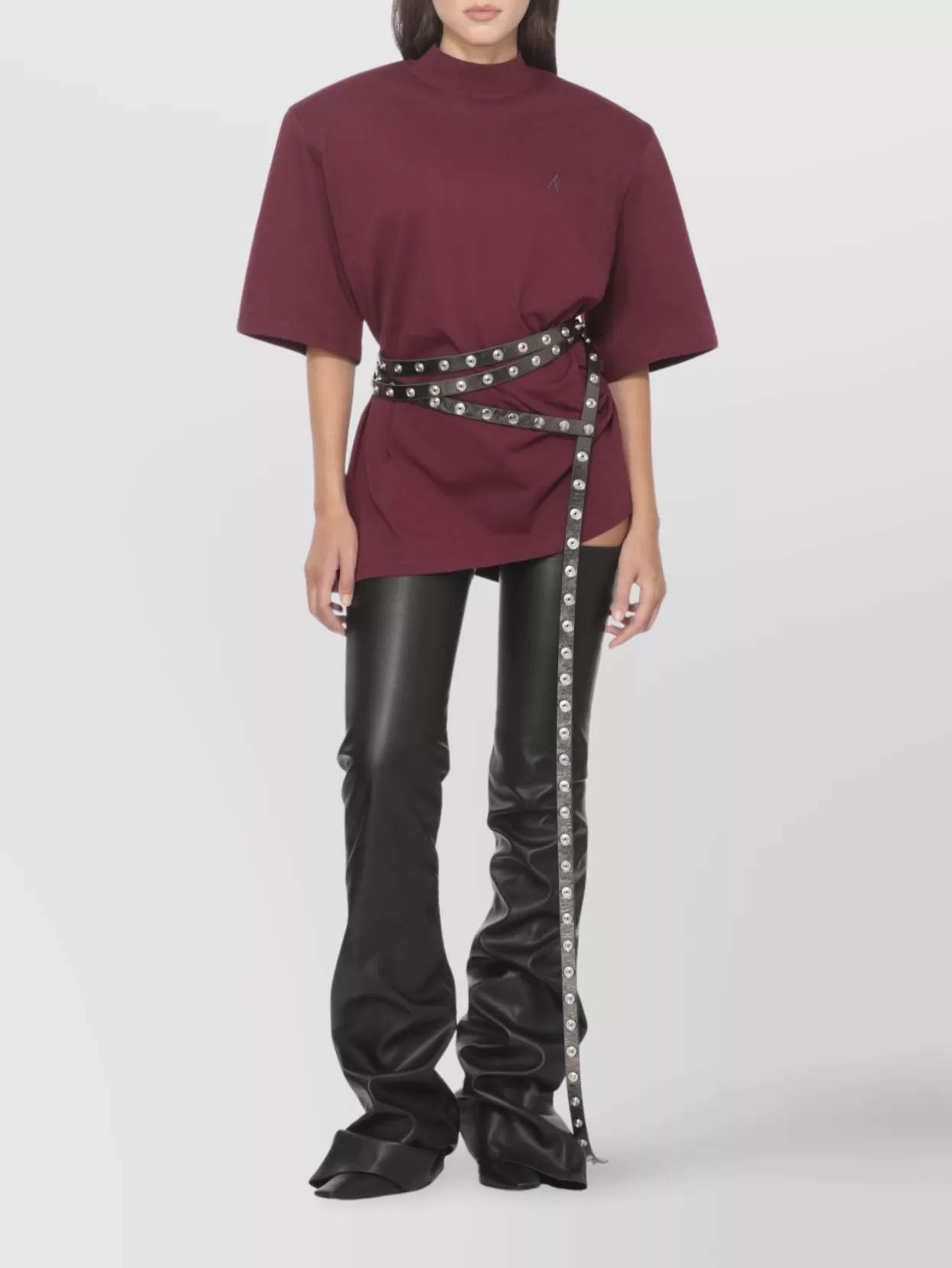 Attico Crewneck Mock Neck Logo Embroidered Top In Burgundy
