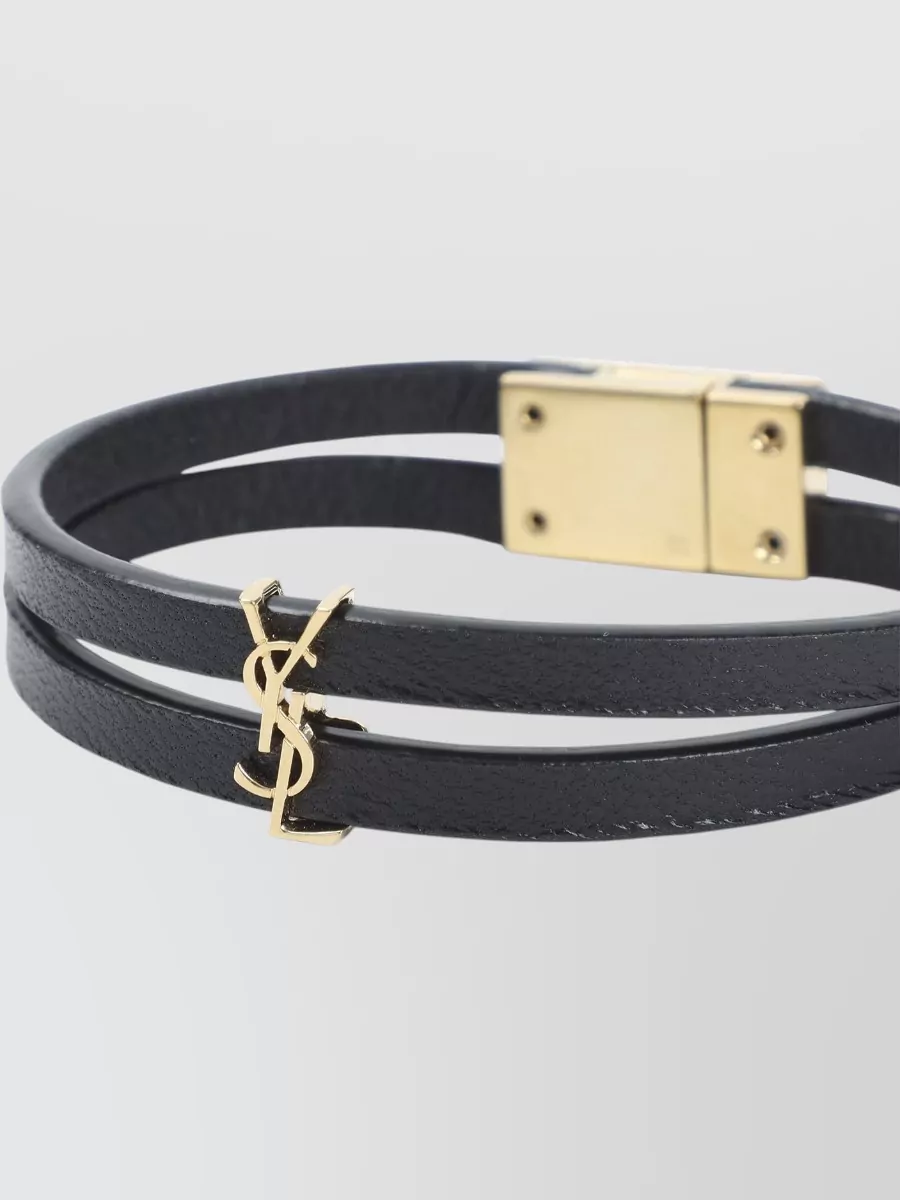 Saint Laurent Leather Double Wrap Bracelet Gold Tone Hardware