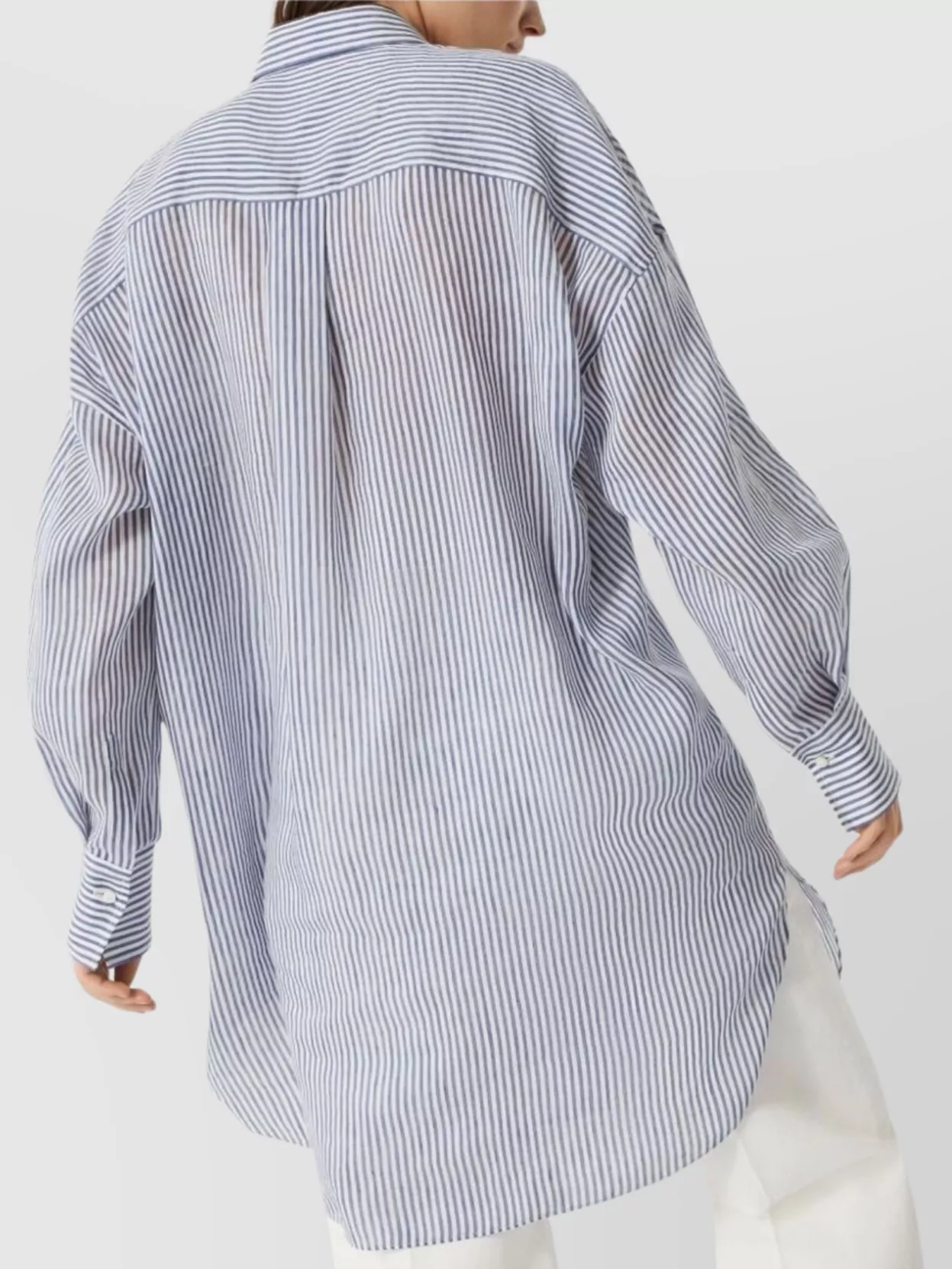 Brunello Cucinelli Linen And Silk Striped Organza Long Shirt With Shiny Collar Detail