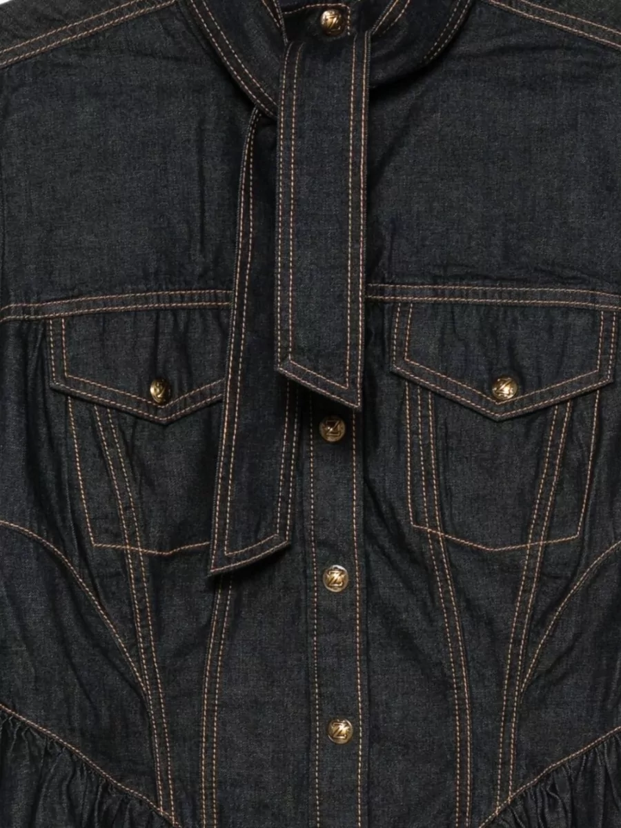 Zimmermann Denim Fitted Pussy-Bow Peplum Shirt