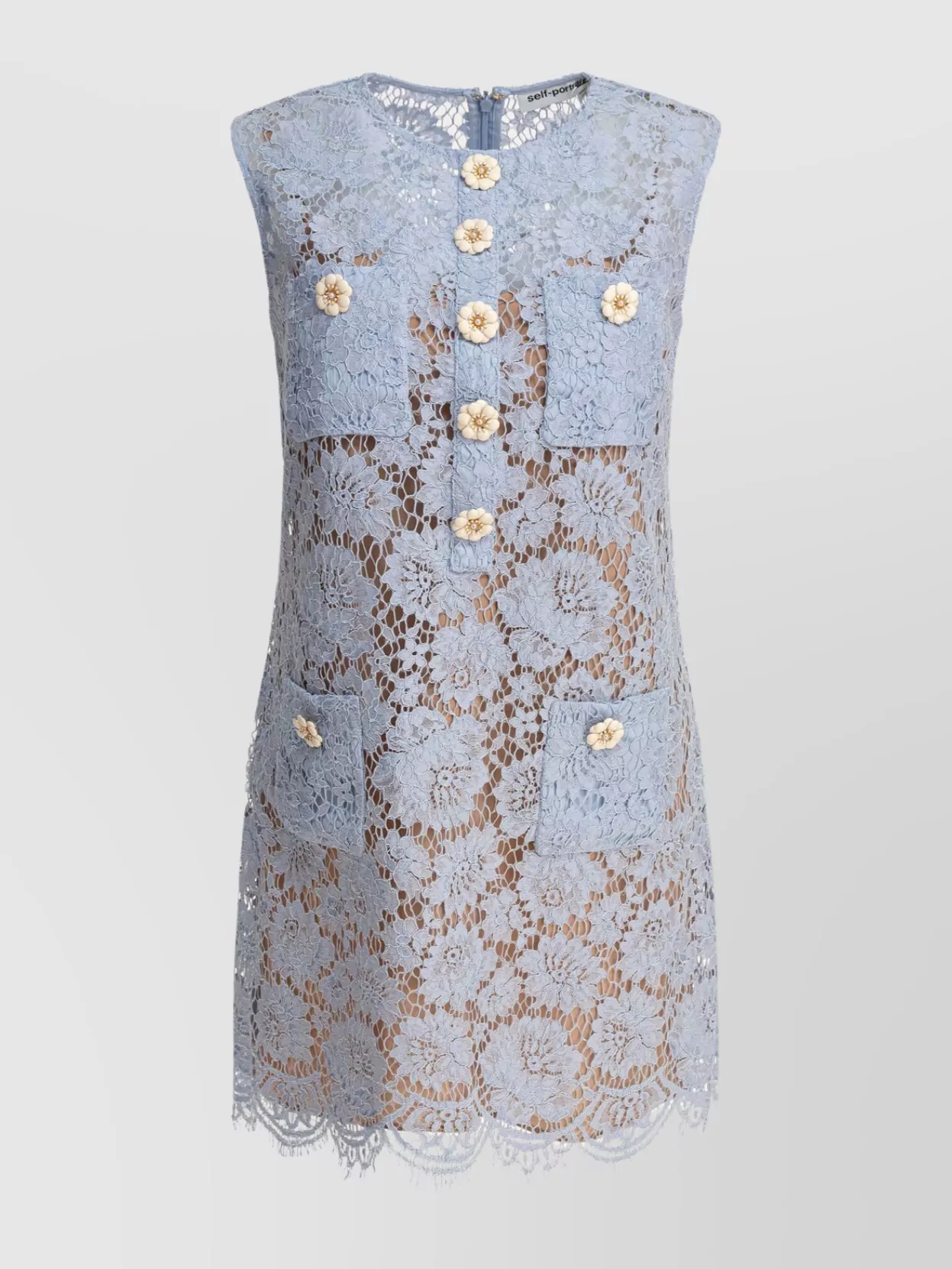 Shop Self-portrait Buttoned Floral Lace Dress With Sheer Overlay