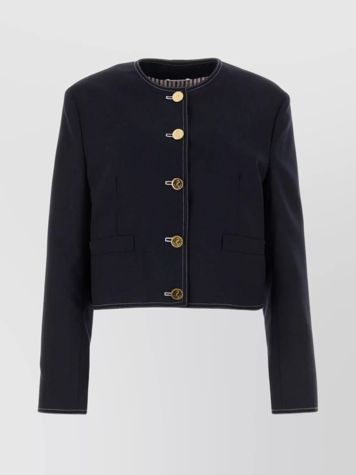 THOM BROWNE WOOL BLAZER WITH CONTRAST PIPING AND DECORATIVE BUTTONS