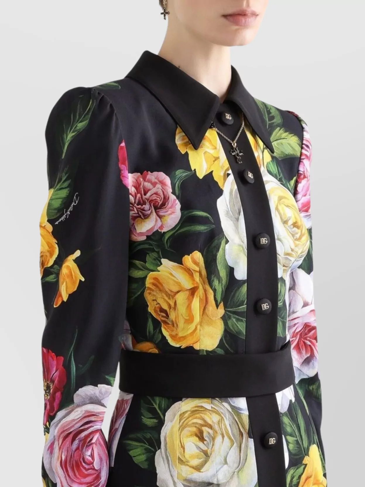 Dolce & Gabbana Calf-length Cady Shirt Dress With Peony And Rose Print In Black