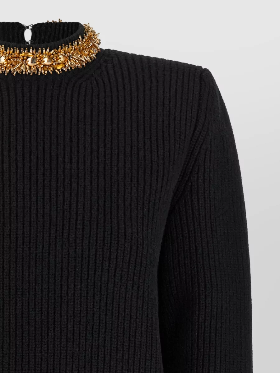 Balmain Cashmere Virgin Wool Ribbed High Neck Embellished Sweater