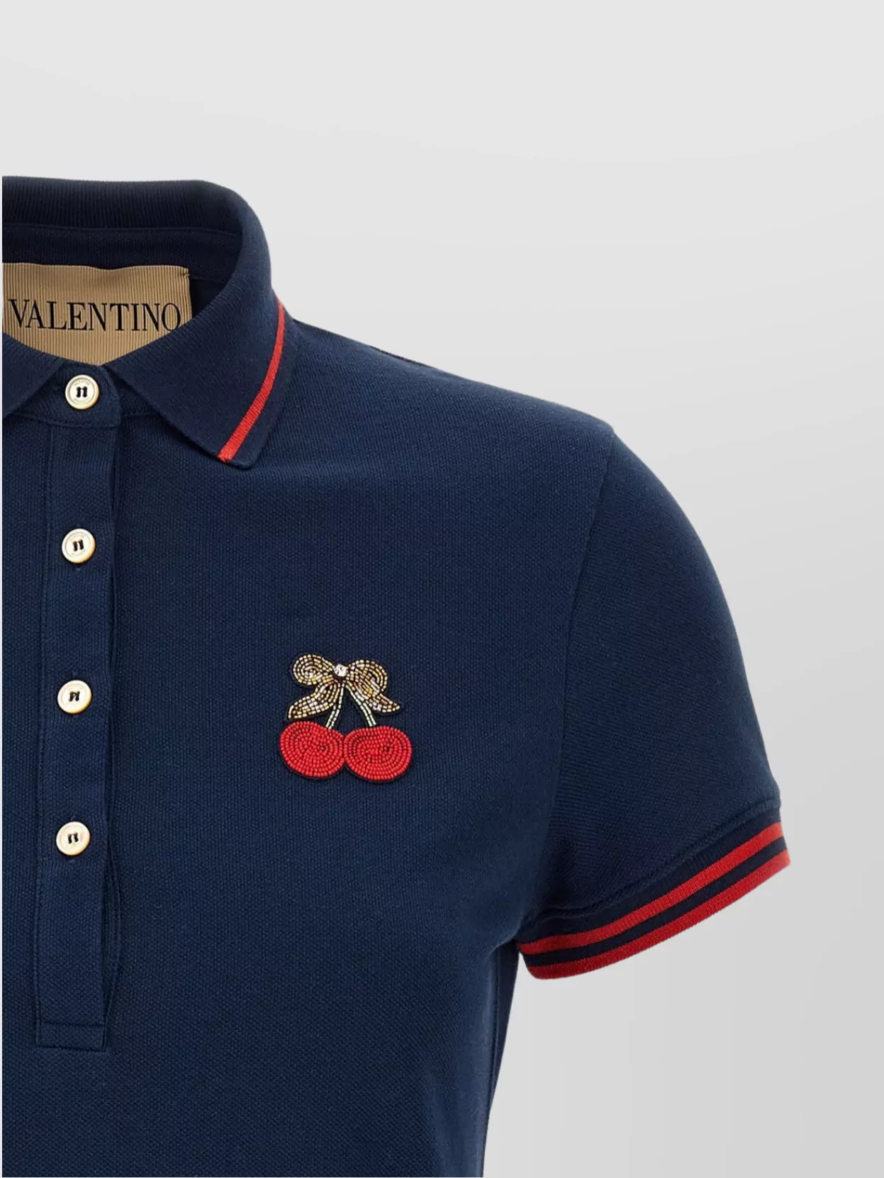 Valentino Cherry Embroidery Polo With Contrast Trim In Blue