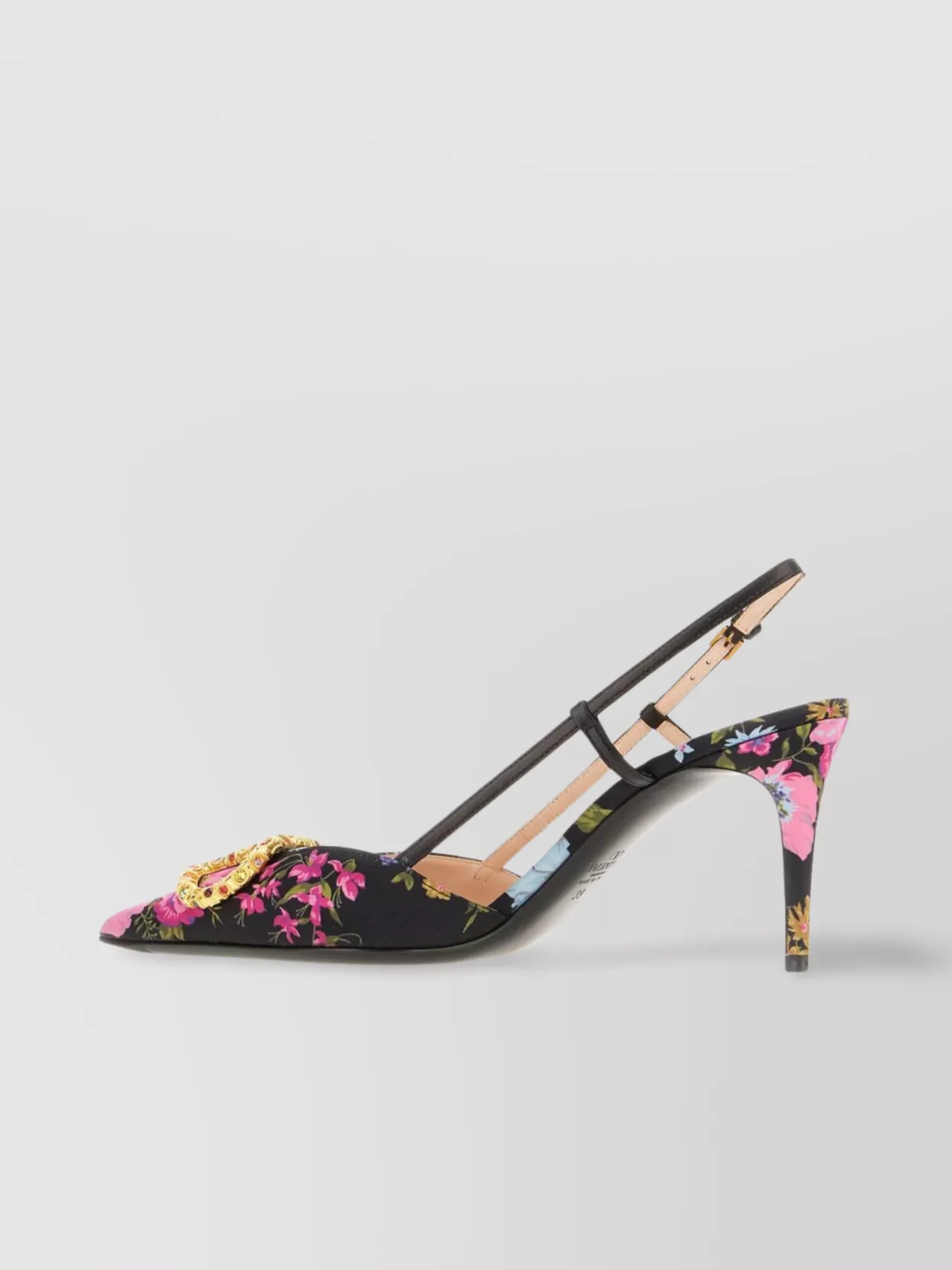 Valentino Floral Print Stiletto Heels With Gold Embellishment