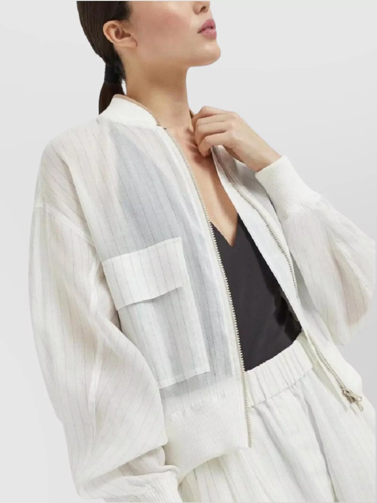 Brunello Cucinelli Striped Bomber Jacket Chain Detail In White