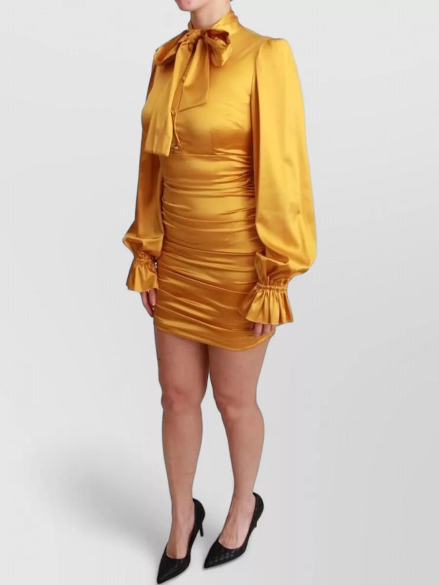 Dolce&Gabbana Silk Satin High-Neck Bow-Tie Long-Sleeve Mini Dress