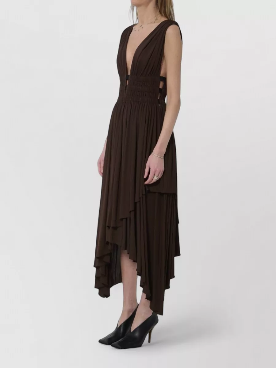 Alaïa Viscose Asymmetric Pleated V-Neck Midi Dress