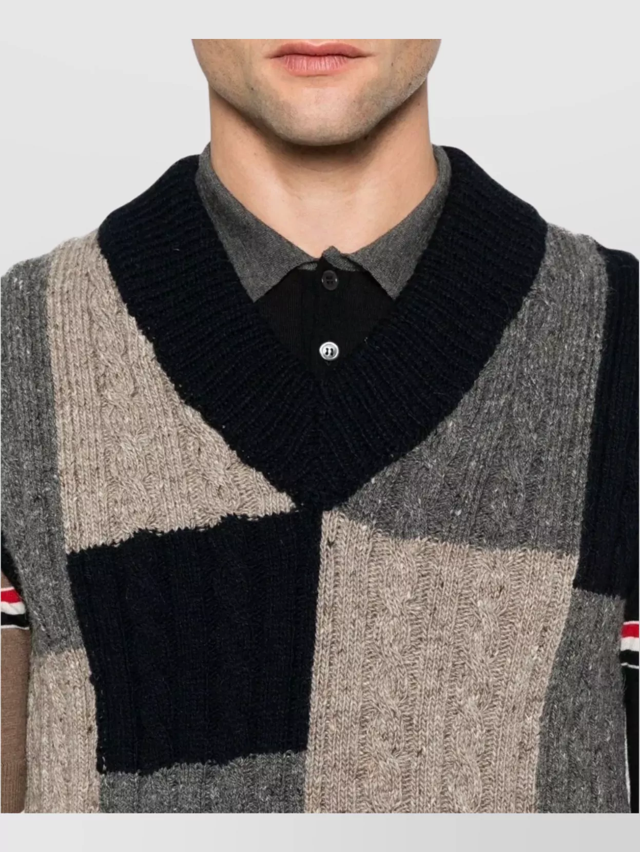 Thom Browne Cable Knit Patchwork V Neck Vest