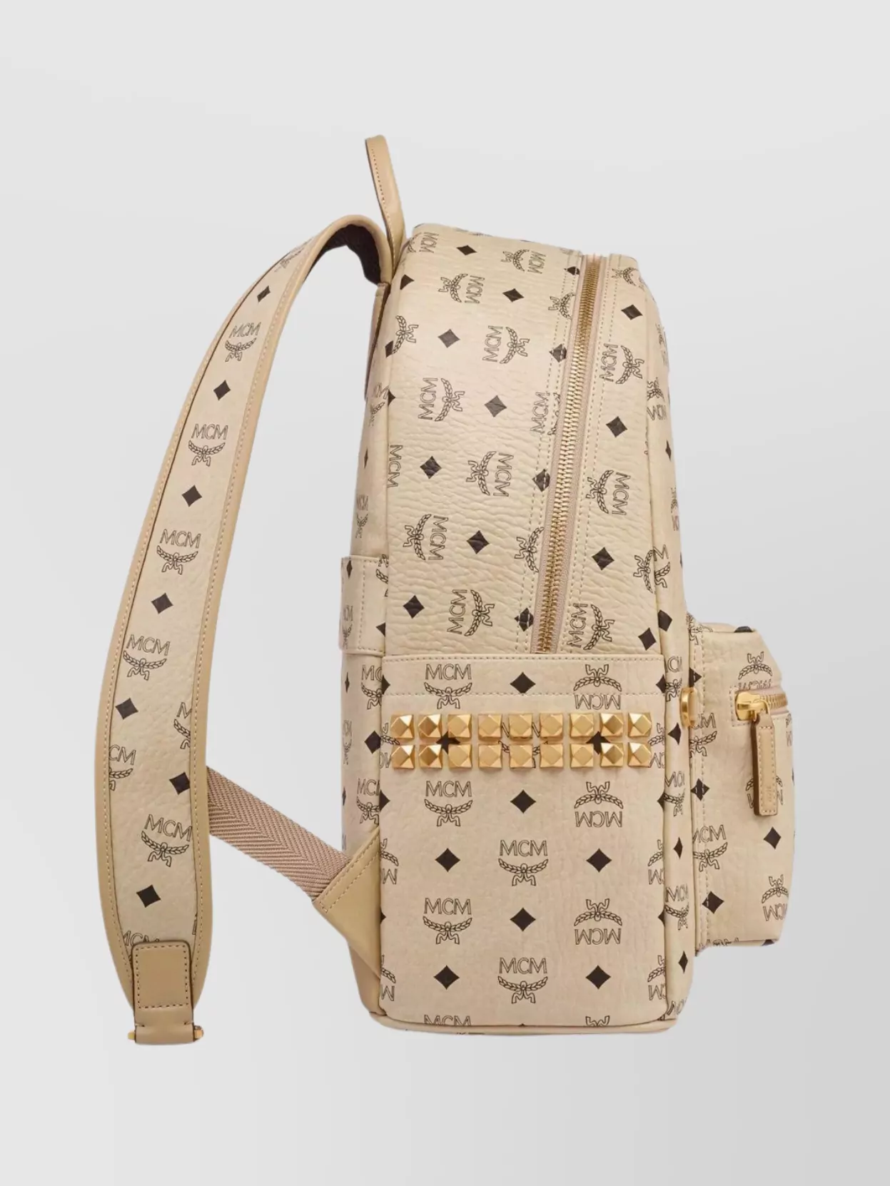 Mcm Studded Backpack With Zip Pocket And Straps