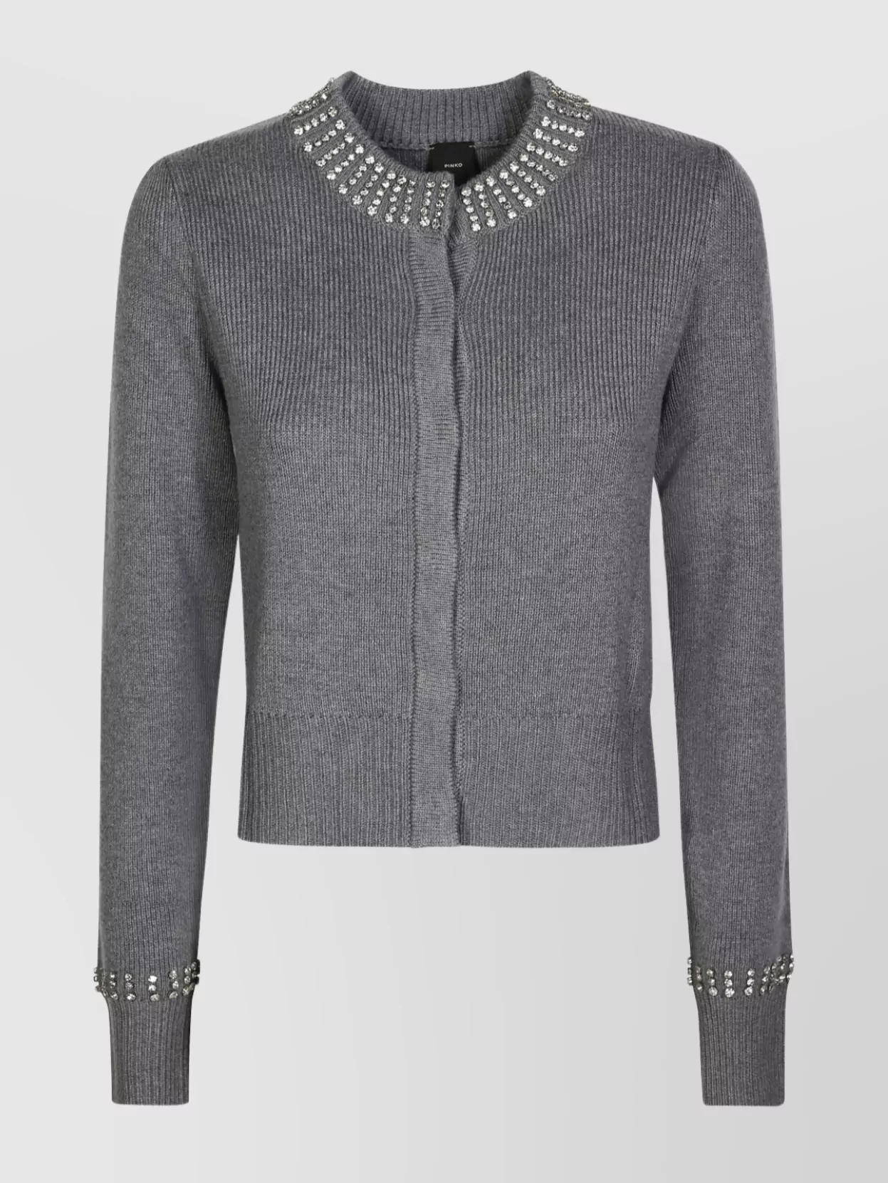 Pinko Grey Cardigan With Crystal Embellishments And Logo Patch On The Back In Cashmere Woman In Gray