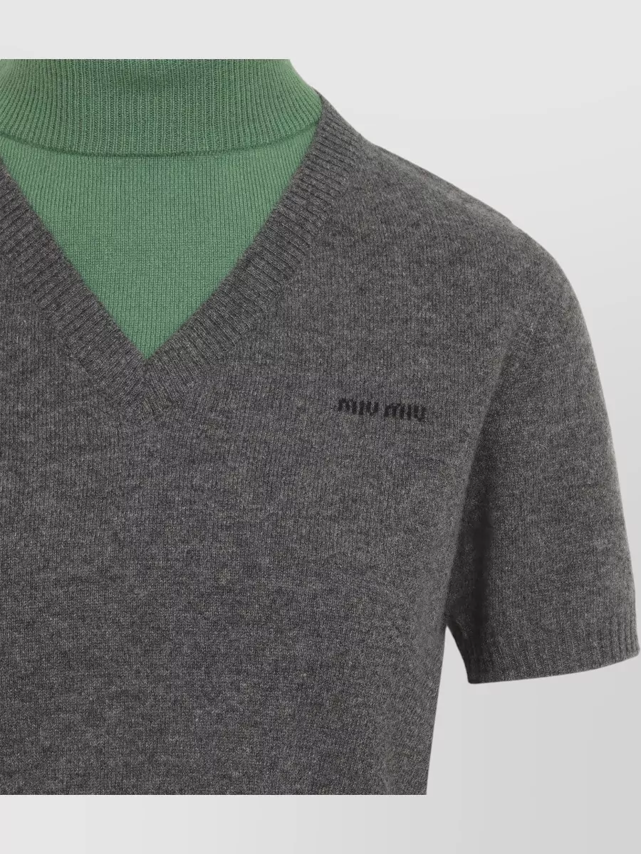 Miu Miu Cashmere Ribbed Layered V-Neck Short-Sleeve Turtleneck Sweater