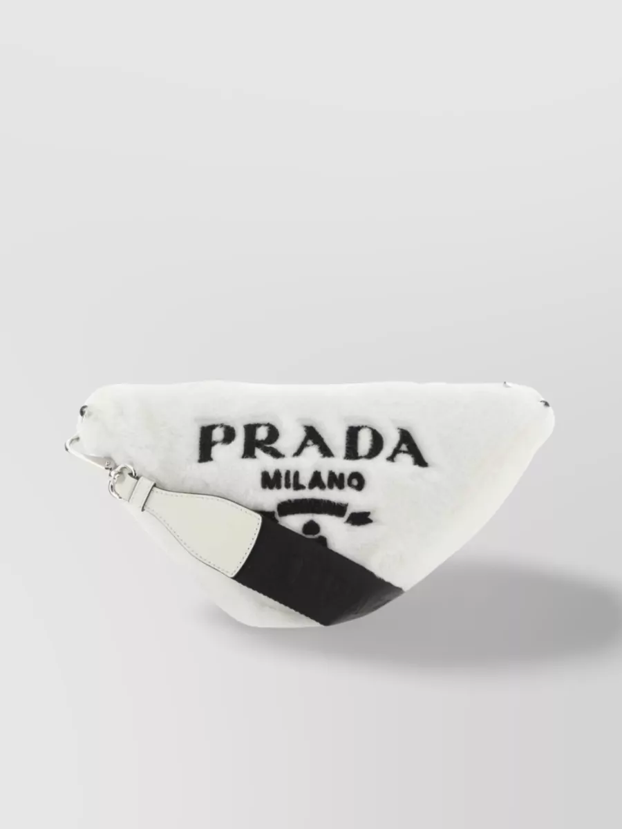 Shop Prada Shearling Triangle Bag With Chain Strap In White