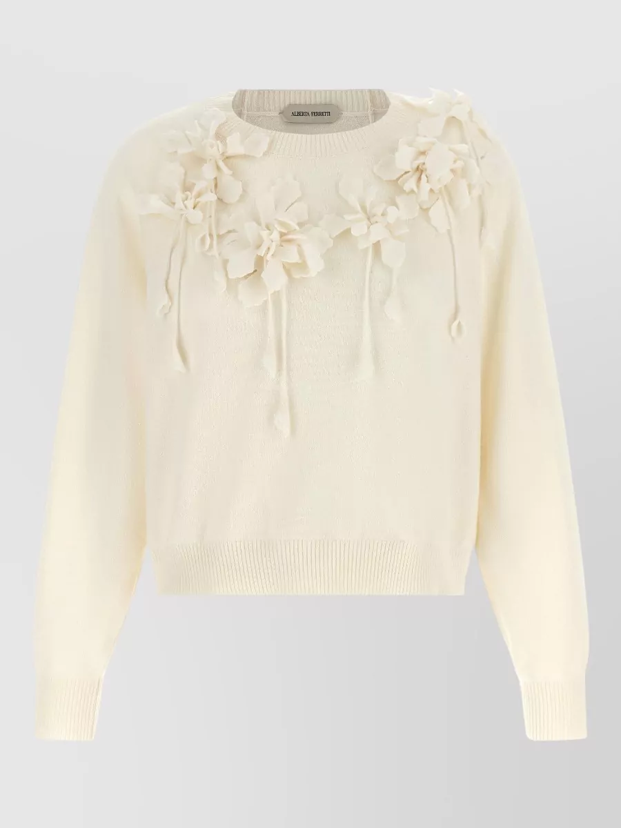Alberta Ferretti virgin wool floral-embellished ribbed crew-neck sweater