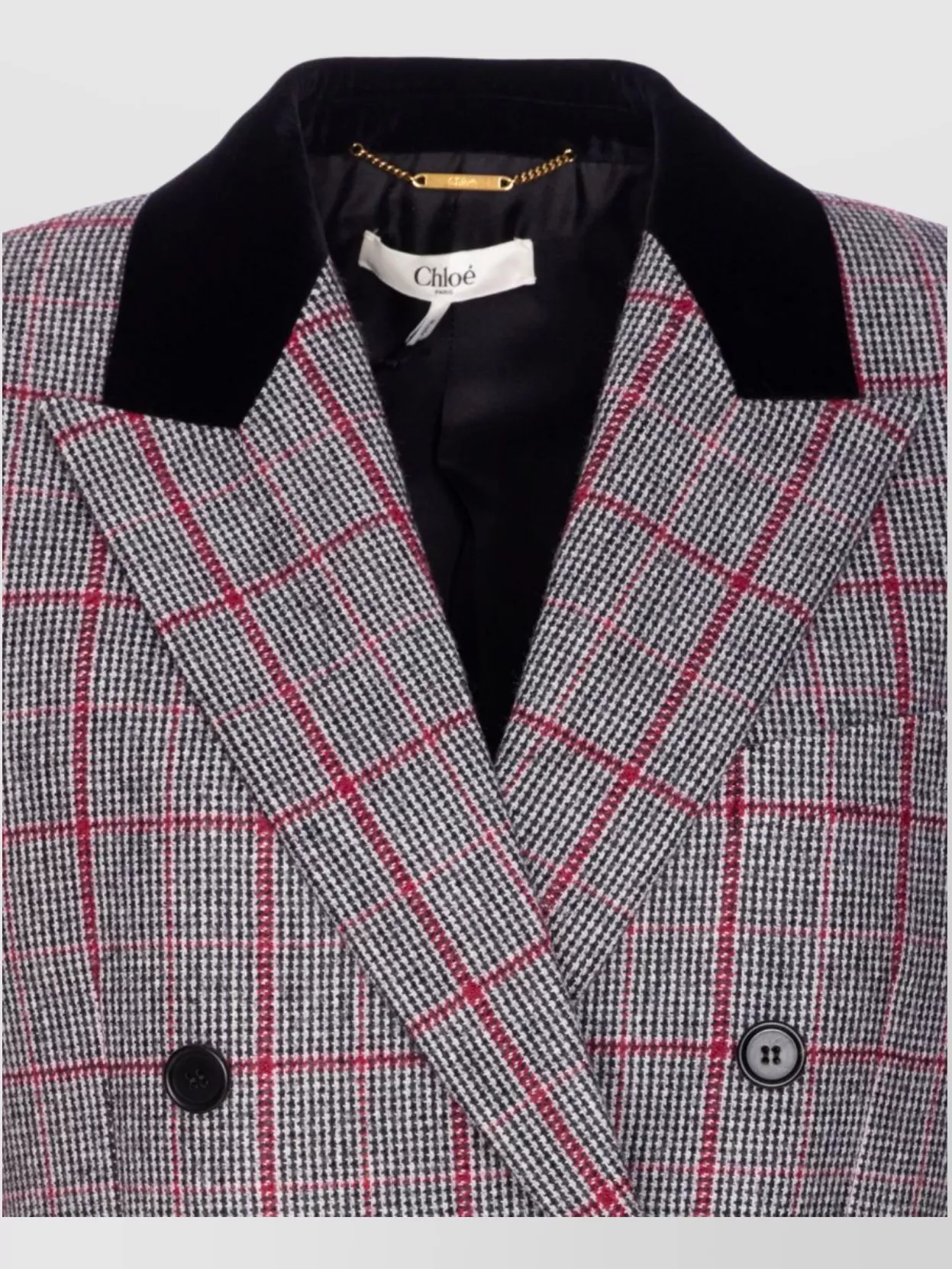 Chloé Double-breasted Velvet-trimmed Checked Wool Blazer