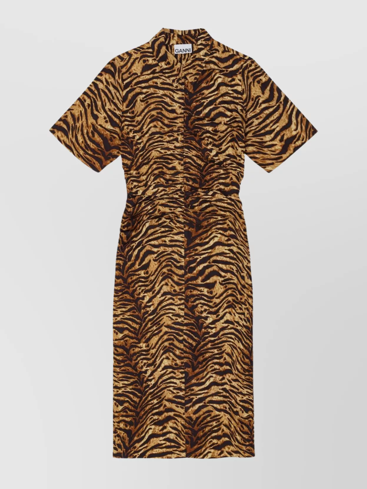 Shop Ganni Fitted Waist Tiger Dress With Gathered Detailing