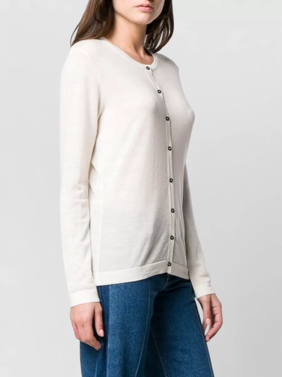 La Rose Merino Wool Fine-Knit Fitted Crew-Neck Long-Sleeve Cardigan