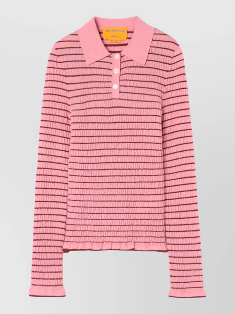 Guest In Residence Striped smocked slim-fit cashmere long-sleeve polo top