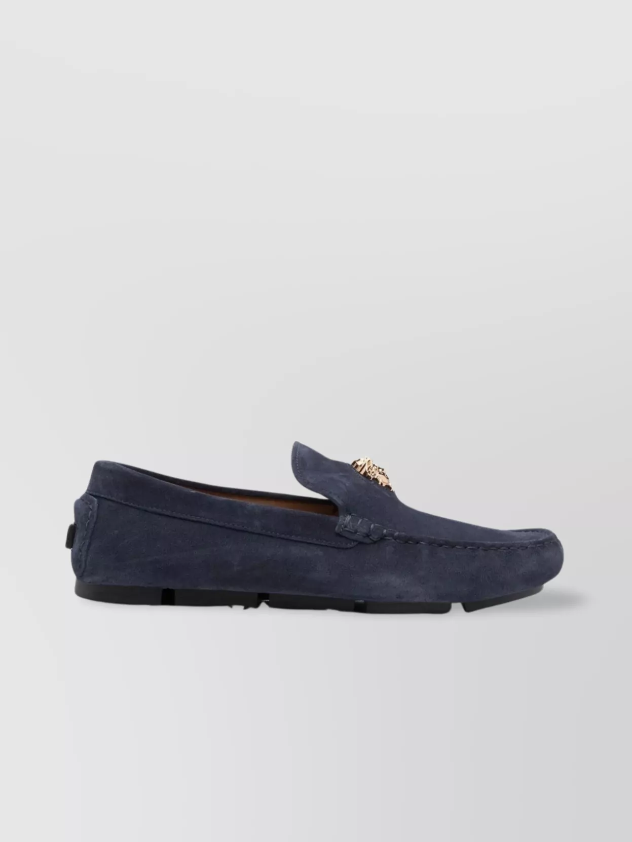 Shop Versace Suede Loafers With Round Toe And Metallic Emblem In Blue