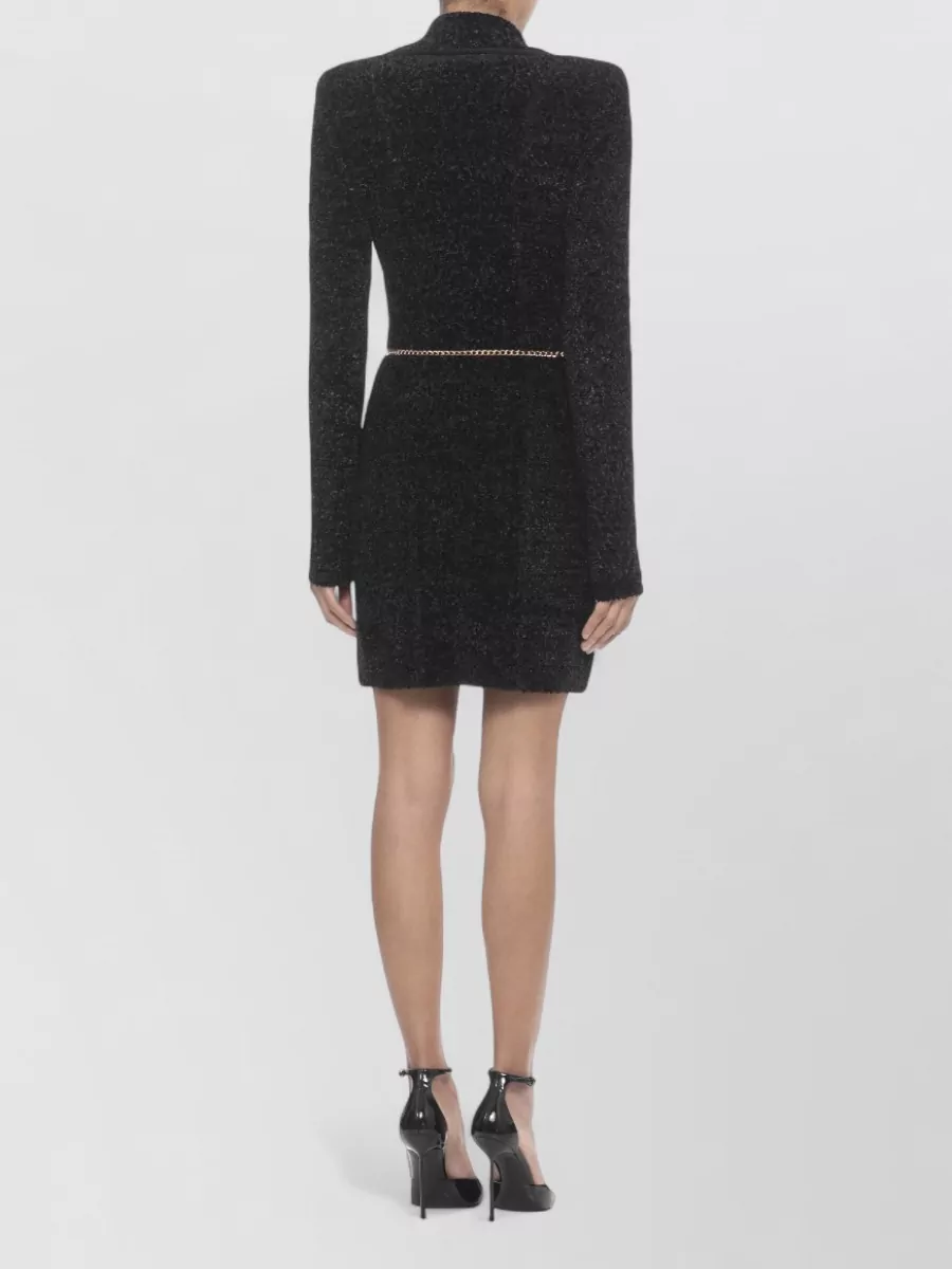 Elisabetta Franchi Bouclé Dress Chain Belt Lapel Collar