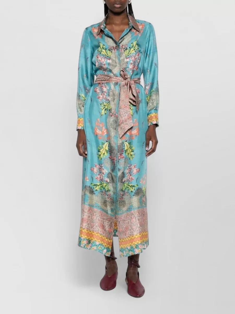 Pierre Louise Mascia Silk Midi Dress Belted Waist Shirt Collar