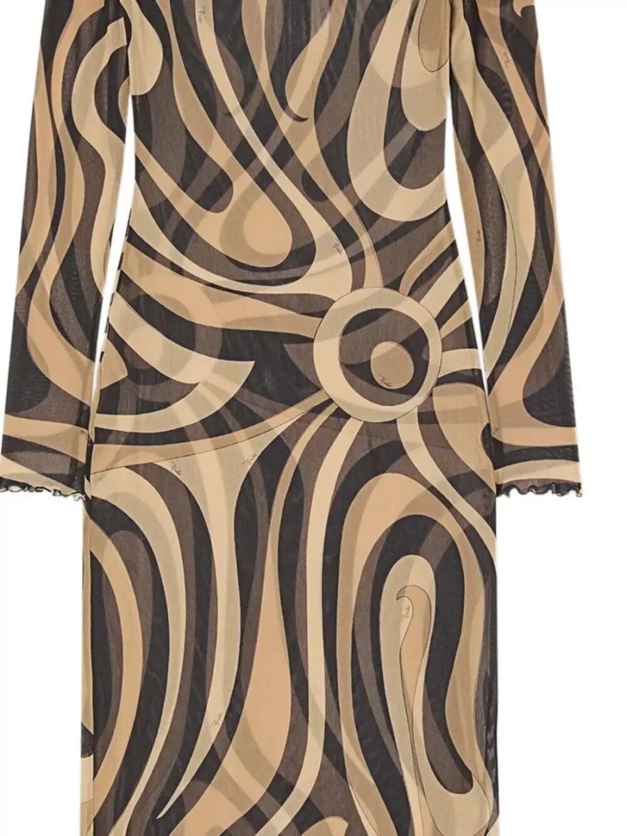 Pucci Printed Tulle Long-Sleeve Boat Neck Maxi Dress